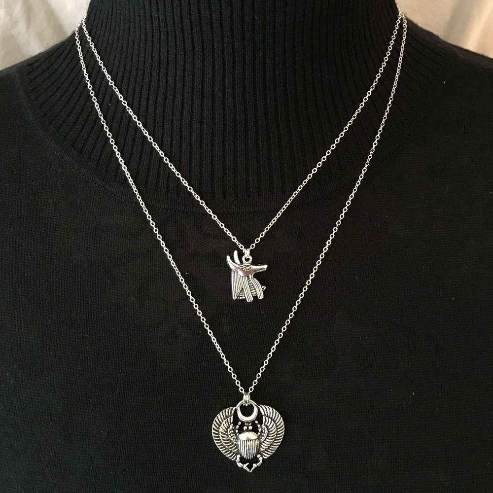“Book of the Dead" Handmade Dainty 2-Layer Egyptian Necklace, Anubis, Scarab - Picture 6 of 14
